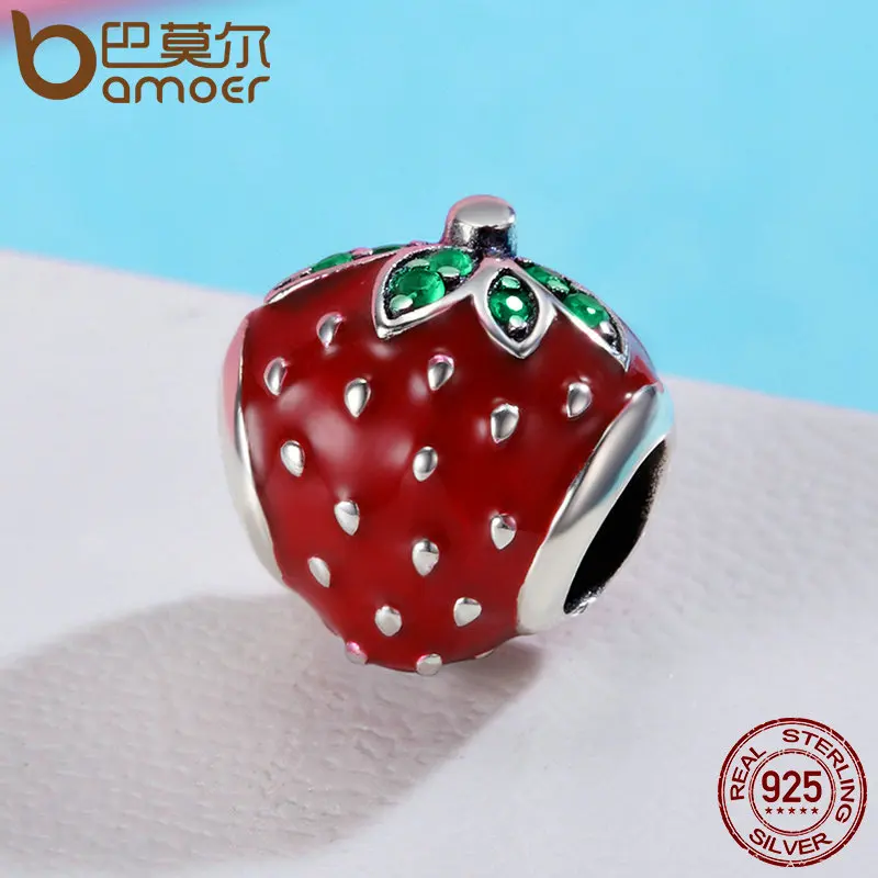 BAMOER, подлинные 925 пробы, серебряные, сладкая клубника, красная эмаль, шарм, подходят для женщин, браслеты с подвесками, хорошее ювелирное изделие SCC369