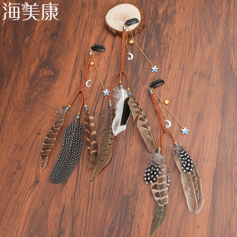 Haimeikang Для женщин перо повязка для волос гребень зажимы Boho повязка головной убор с кисточками в богемном стиле женские аксессуары для волос в народном стиле заколка для волос