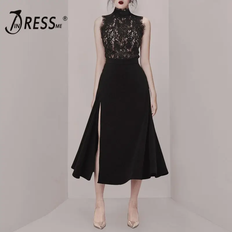 

INDRESSME 2019 New Two-piece Set Lace Sleeveless Top With Midi Skirt Slit Black