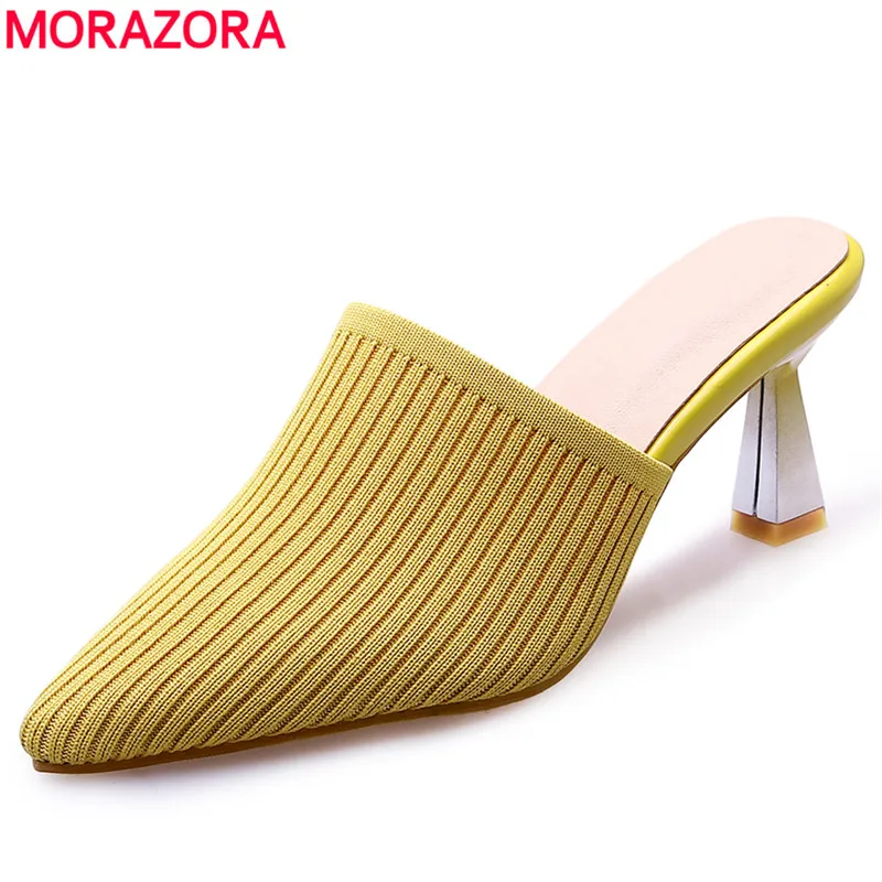 Женские шлепанцы на высоком каблуке MORAZORA летние Стрейчевые с острым носком