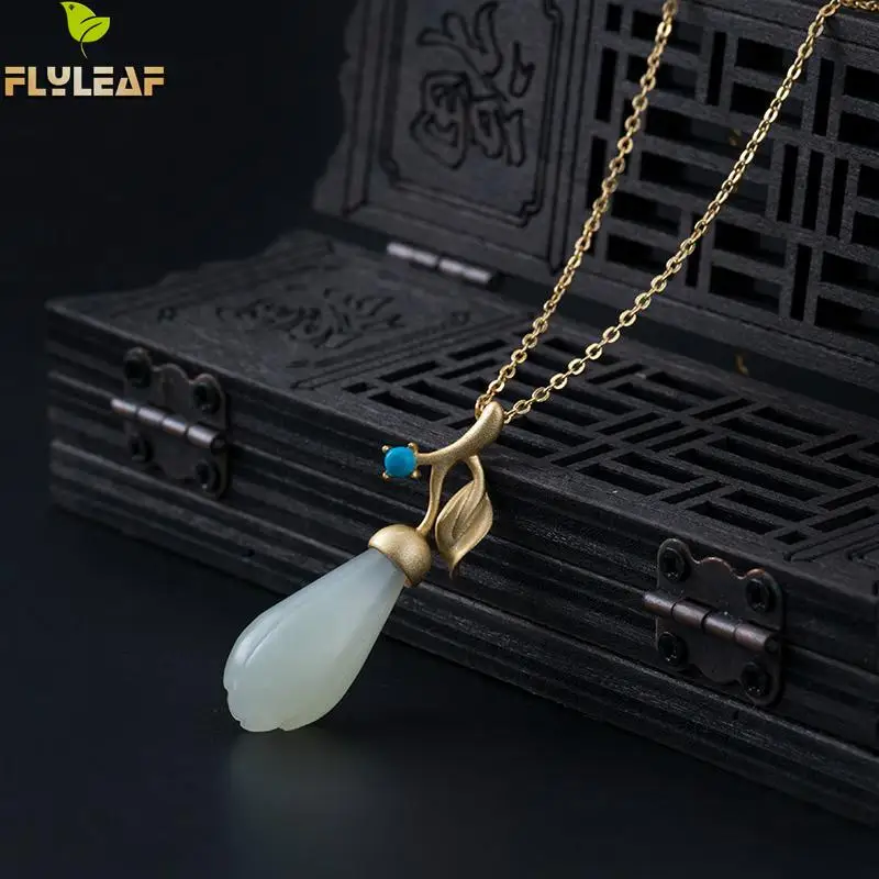 

Flyleaf 18k Gold Turquoise White Jade Magnolia Flower Simple Necklaces & Pendants For Women 925 Sterling Silver Vintage Jewelry