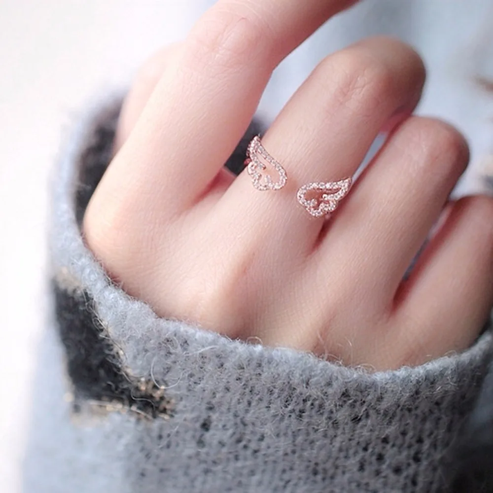 Trendy Rose Gold Rhinestone Zirconia Angel Wings Ring Finger Index Joint Open Rings | Украшения и аксессуары