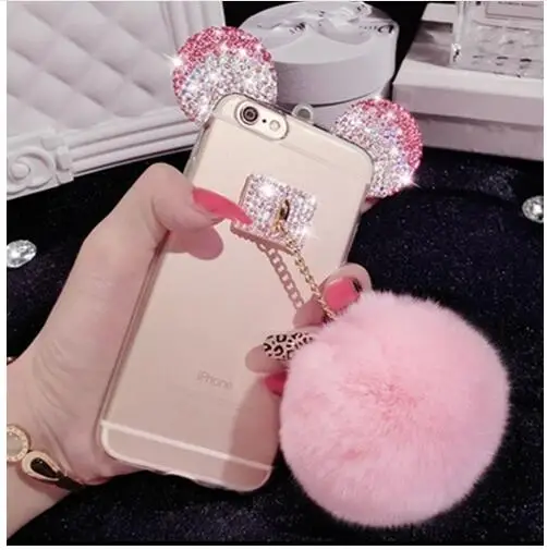 Роскошные Моды Мех Кролика Мяч Диаманта bling Мягкий Теплый Case Cover для Samsung galaxy S5 S6