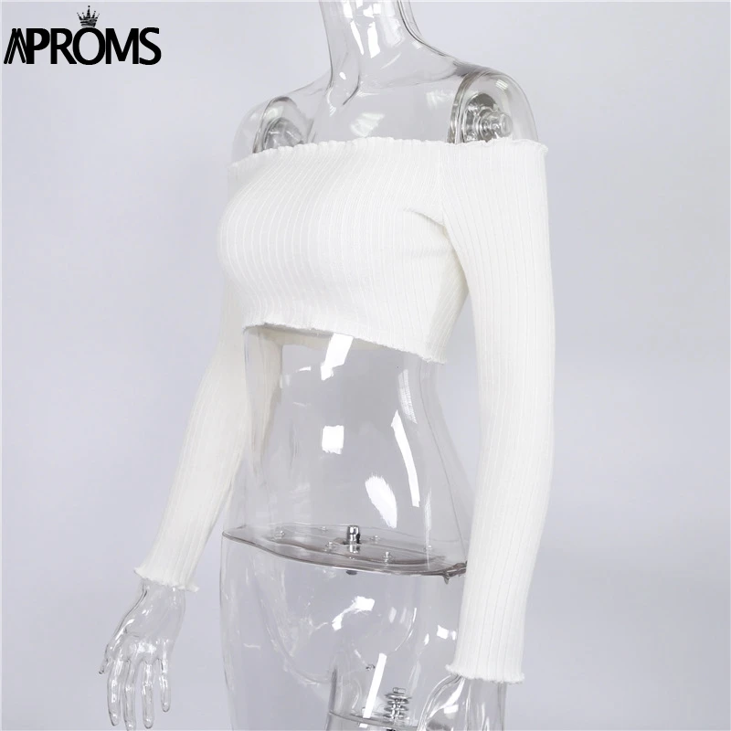 Aproms белый вязаный Топ Sexy с плеча оборками Безрукавки для женщин Для женщин короткие Футболки для девочек вязать футболка Повседневное 90 s Прохладный уличной топики женские