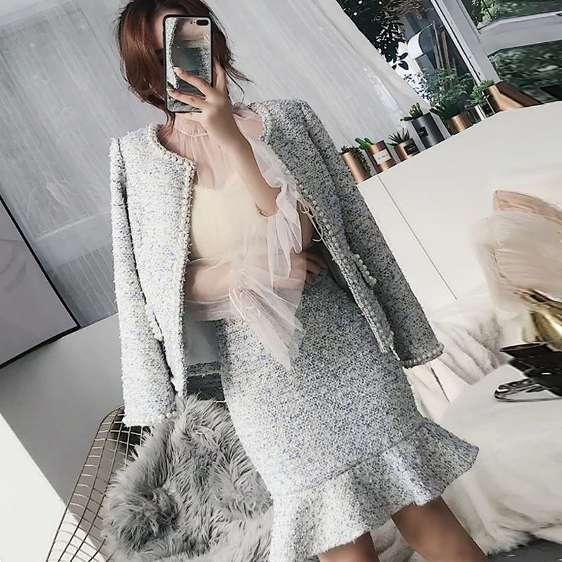 Светло голубой твидовый пиджак + юбка костюм женский на весну/Осень/зиму 2019