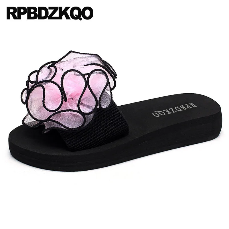 Flower Slippers Sandals Large Size Big High Heel Ladies Wedge Fashion Wide Fit Shoes Flatforms Pink Women Summer Low Slides Plus | Обувь