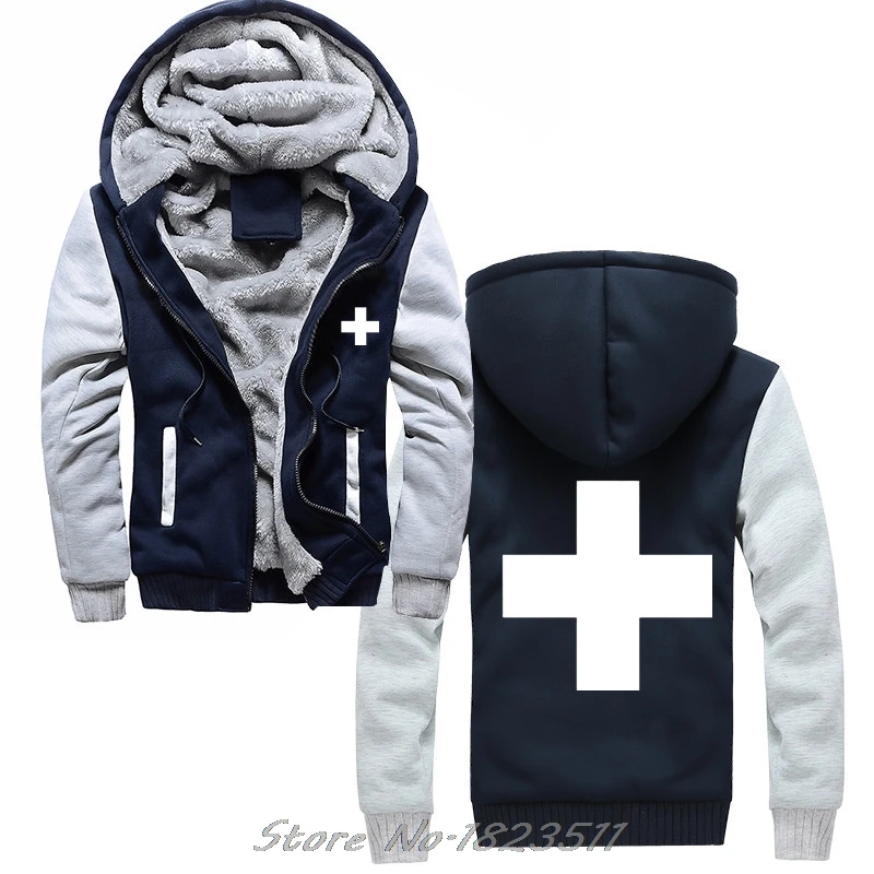 Navy Gray Зимняя плотная толстовка с капюшоном швейцарская Suisse флаг белый крест красный свитшот с крестом Толстовка Куртка Топы - Цвет: Navy Gray