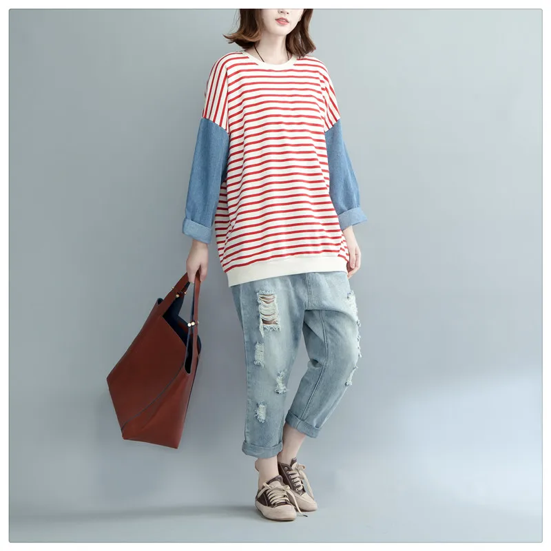 Женские Красные Полосатые футболки 2019 Осенние новые Лоскутные Джинсовые с