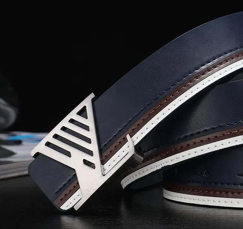 Silver buckle blue Новейшая мода классический Лидер продаж V Пряжка гладкая Пряжка Стиль настоящая воловья кожа мужской женский кожаный ремень для отдыха - Цвет: Silver buckle blue