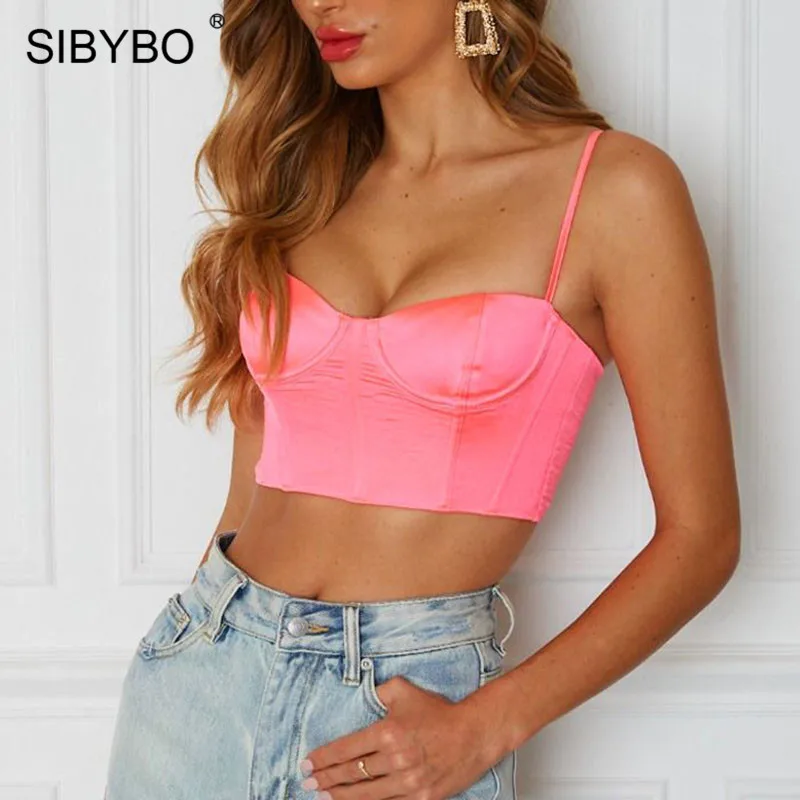 Розовый Sibybo тонкий летний укороченный топ на бретельках для женщин без бретелек без рукавов сексуальные женские топы с открытой спиной пляжные повседневные майки - Цвет: Розовый