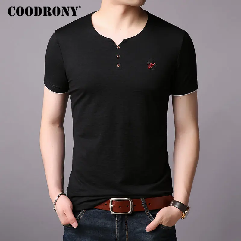 COODRONY, Мужская футболка с коротким рукавом, мужская летняя уличная одежда, повседневные мужские футболки, хлопковая Футболка с воротником, homme S95002 - Цвет: Черный