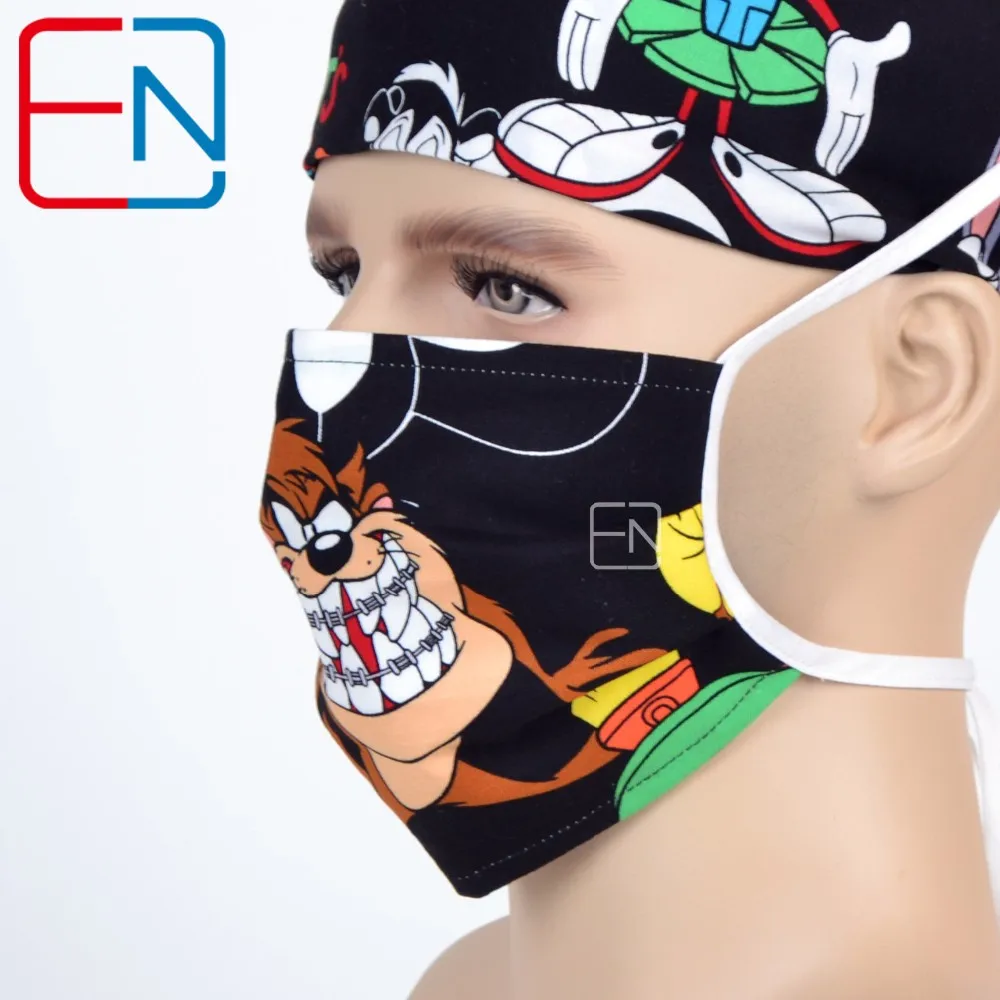 Hennar хирургические шапки для женщин с sweatband хлопок медицинские шапки в черном с милым узором
