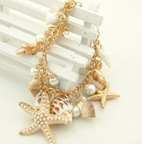 Ocean Style Multi Starfish Sea Star Conch Shell Imitated Pearl Chain Beach Bracelet Bangle Novelty Hot Selling Gift for Girl | Украшения и