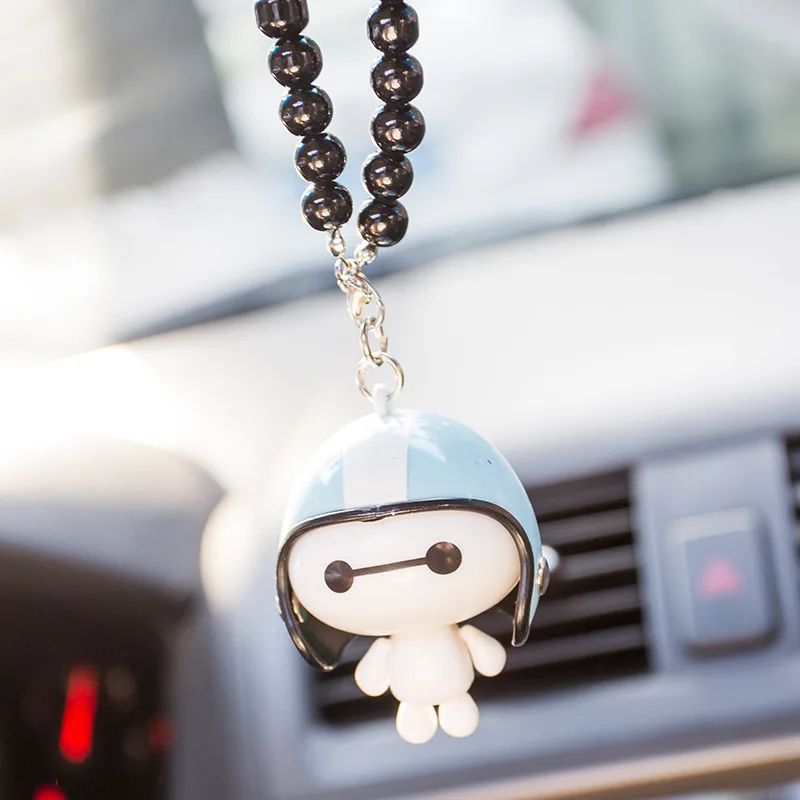 Автомобильный ювелирный кулон, милый шлем Baymax, мультяшная кукла, Автомобильные украшения, Автомобильное зеркало заднего вида, Висячие аксессуары для авто - Название цвета: Черный