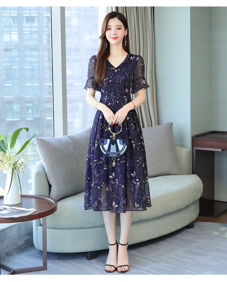 Женское тонкое платье с v образным вырезом шифоновое принтом листьев лотоса и