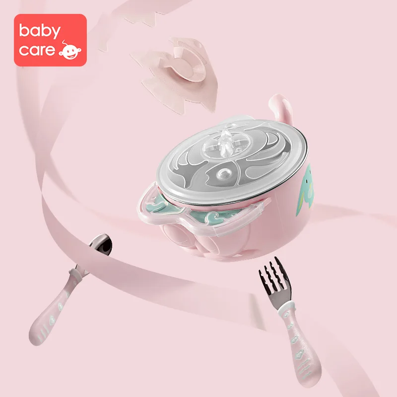 pink-3 pieces BabyCare 5 шт./компл. детский браслет из силиконовой нержавеющей стали столовые приборы для младенцев посуда с мультяшными присосками салат глубокая чаша набор - Цвет: pink-3 pieces