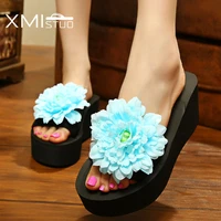 xmistuo fashion women flip flops with flower female summer beach wedges water resistant 7 2 cm high heeled slippers 8 color 7028