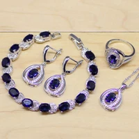 round blue cubic zirconia white birthstones women 925 sterling silver jewelry sets earringspendantnecklaceringsbracelet t170