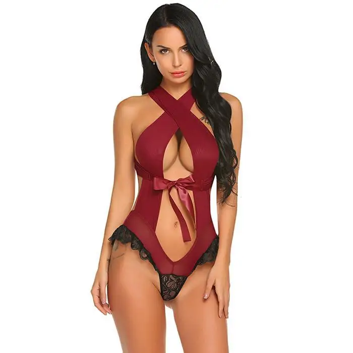 Avidlove Teddis Sexy Lingerie Lace Ruffle Women Sexy Halter Neck Sleeveless Lace Patchwork See Through Lingerie Nightwear