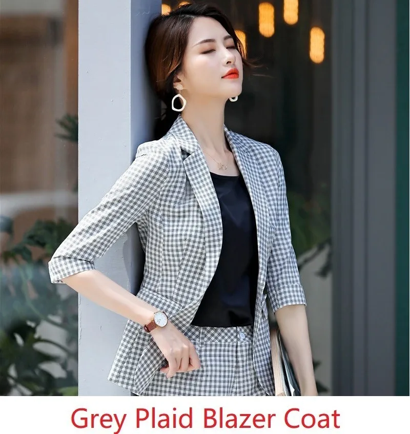 Grey Blazer Coat Модные клетчатые женские деловые блейзеры и куртки, пальто с коротким рукавом, весна-лето, Женская Офисная Рабочая одежда, Блейзер, верхняя одежда, топы - Цвет: Grey Blazer Coat