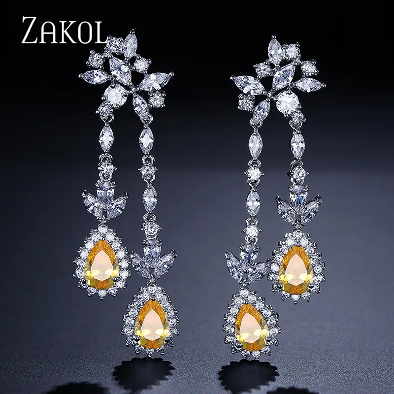 ZAKOL серебристого цвета Роскошные серьги висюльки из Кубического циркония для