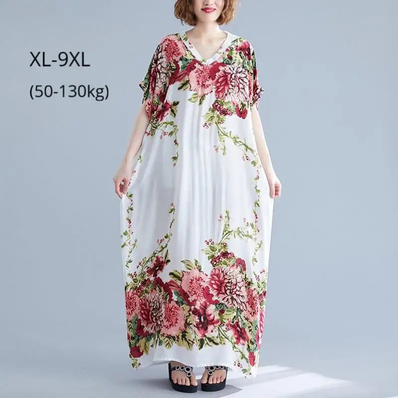 

Plus Size 9XL 8XL 7XL Women Summer Long Dress Femme Robe Floral Print Cotton Blend Loose Clothes Ladies Beach Style Maxi Dresses