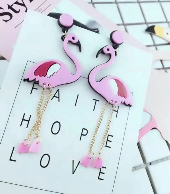 pink Новое поступление, большие акриловые длинные серьги с кисточками в виде фламинго для женщин, длинные женские серьги-подвески в стиле панк с большими птицами, вечерние ювелирные изделия - Окраска металла: pink