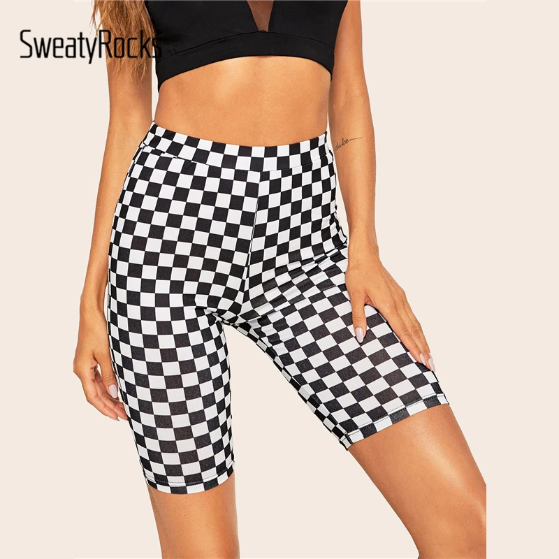 SweatyRocks шорты для велоспорта с широкой талией в клетку, женская одежда для активного отдыха, обтягивающие байкерские шорты, летние эластичные клетчатые шорты для активного отдыха