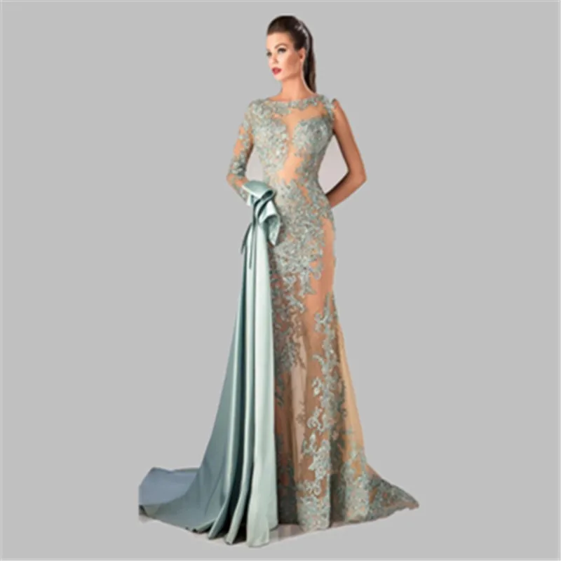 Импортные ну вечеринку платье лодка шеи одно плечо полный рукав русалка длинное