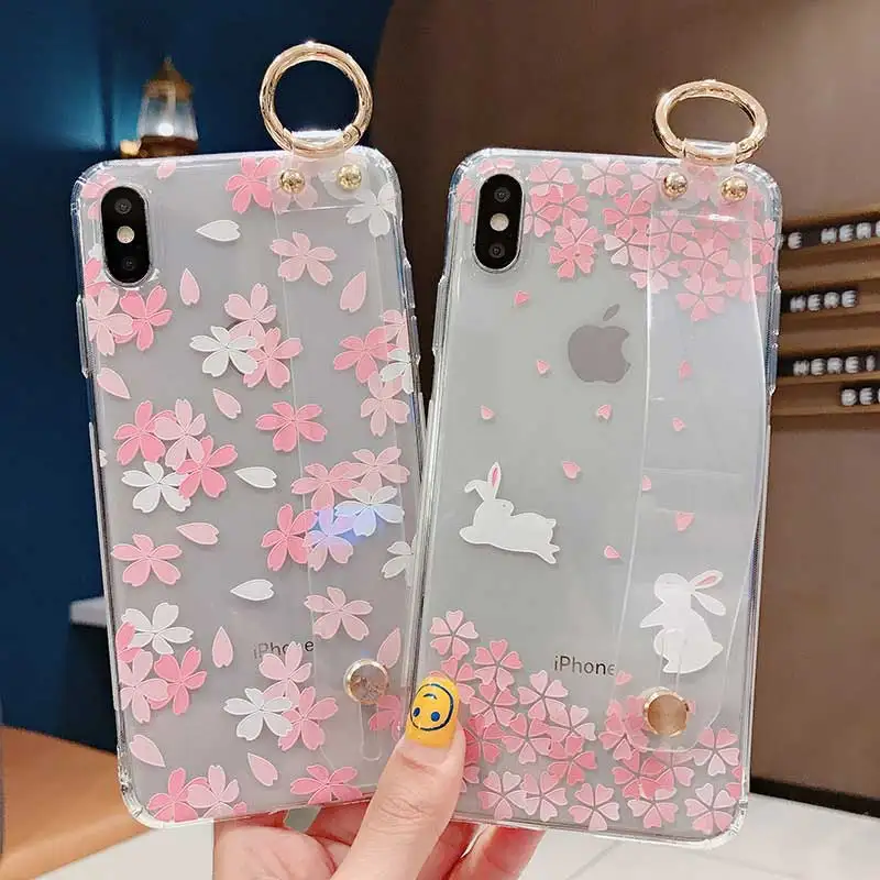 Boucho Transparent Wrist Strap Phone Case For iphone XR X Xs max 6 6s 7 8 plus Fashion Flower Pattern Cover |