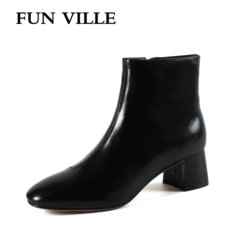 

FUN VILLE New Fashion Women Ankle boots Genuine Leather Autumn Winter Boots Round Toe Woman Casual Boots Sexy Ladies Work Boots
