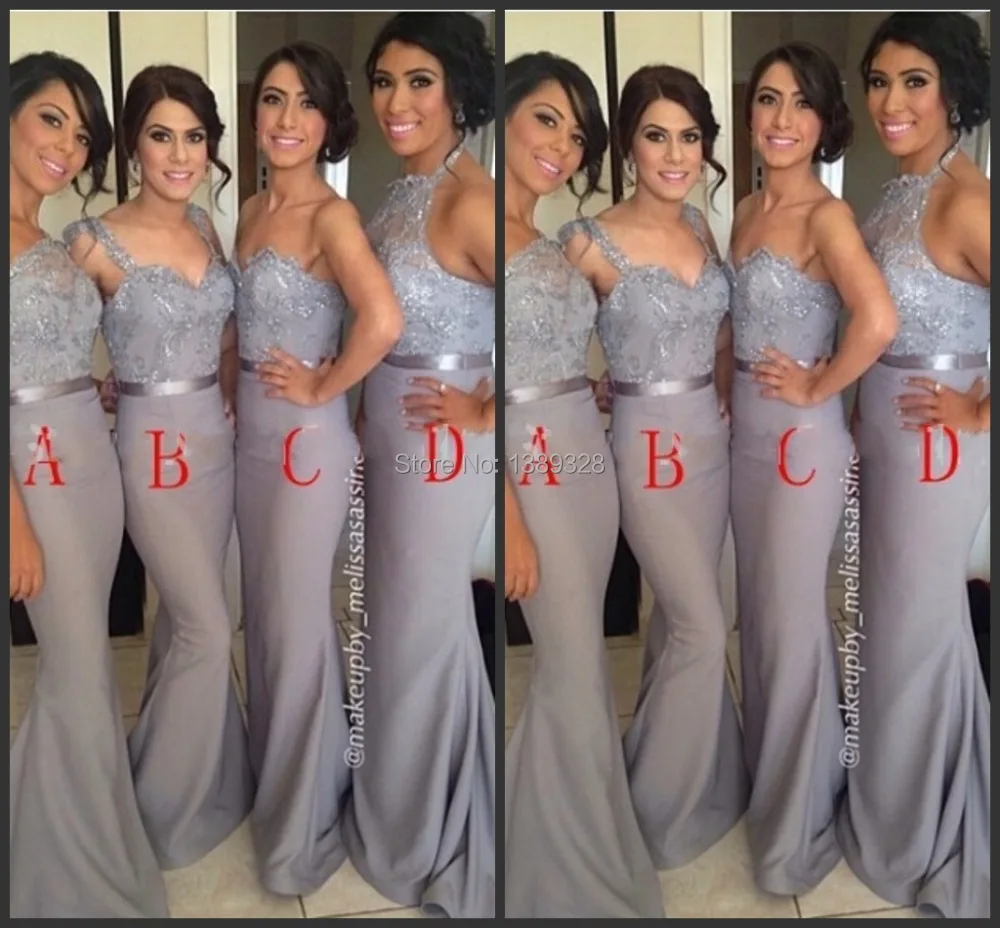 

Real Picture Wholesale Silver Chiffon Beaded Lace Sheath Cheap Bridesmaid Dresses Long With Sash Best Selling