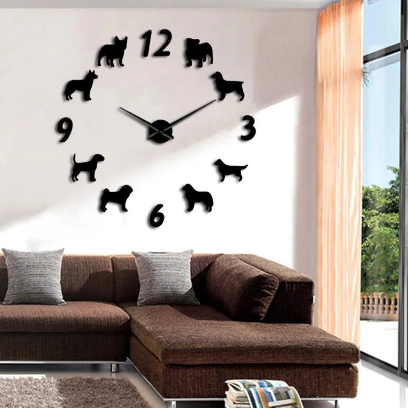 

New arrival Clock Watch Wall Clocks Horloge 3d Dog pattern Acrylic Mirror Stickers europe Home Decoration Living Room Quartz