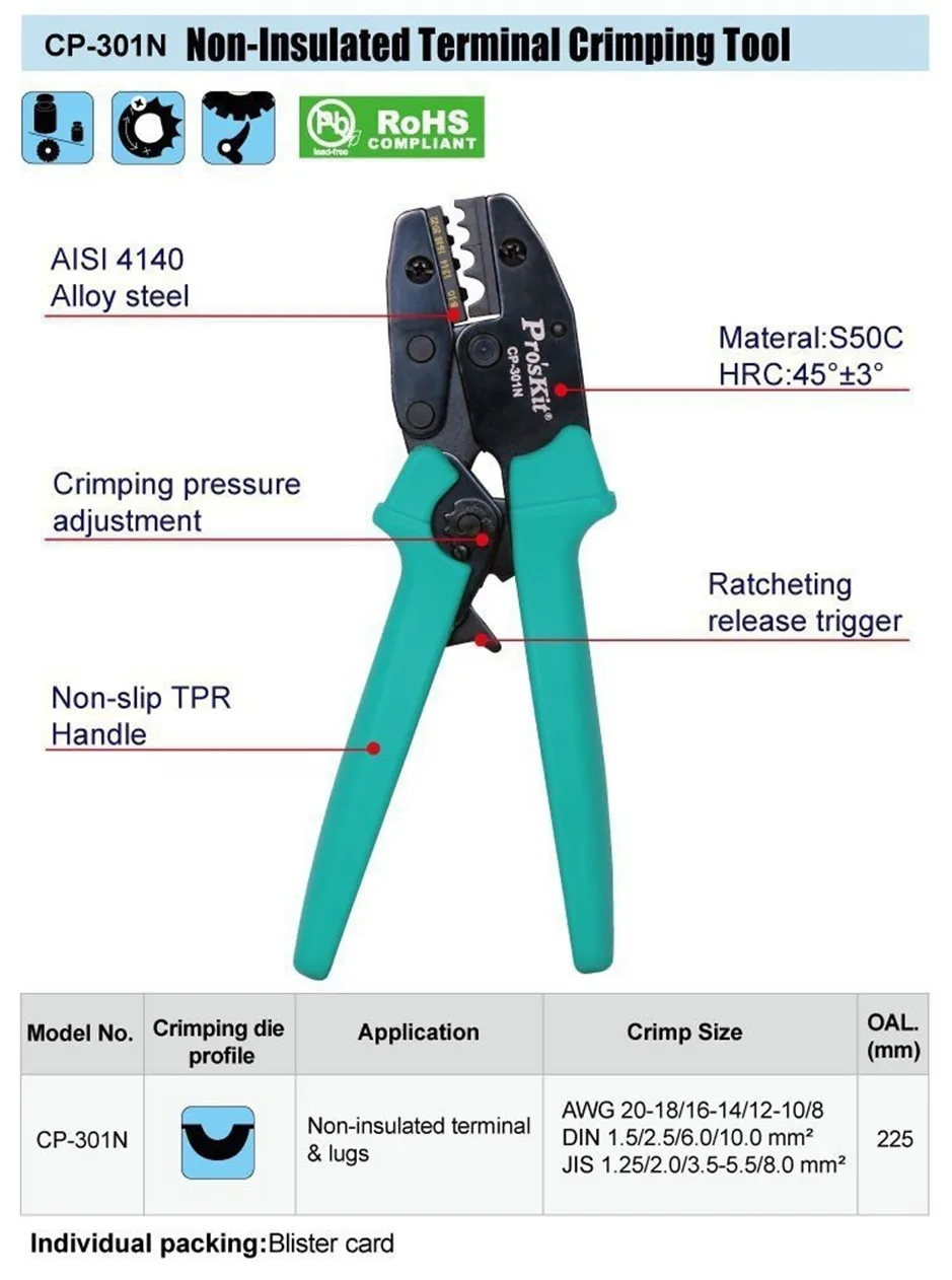 

CP-301N Non-insulated Terminal Crimping Tool High Quality Y.O Naked Terminal Ratchet Crimping Pliers Wire Stripper