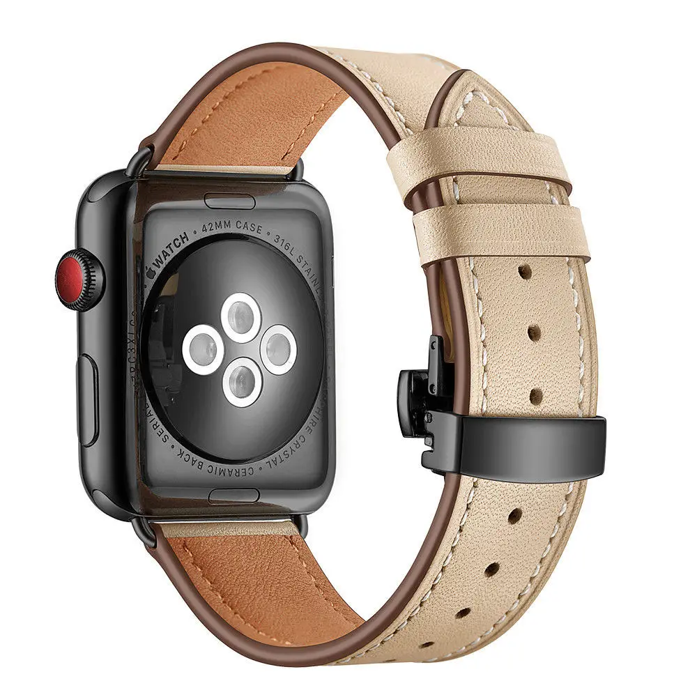 Мужской/женский ремешок из натуральной кожи для Apple Watch Band 42/38/44/40 мм Высококачественный браслет с застежкой-бабочкой серии 5 4 3 2 1