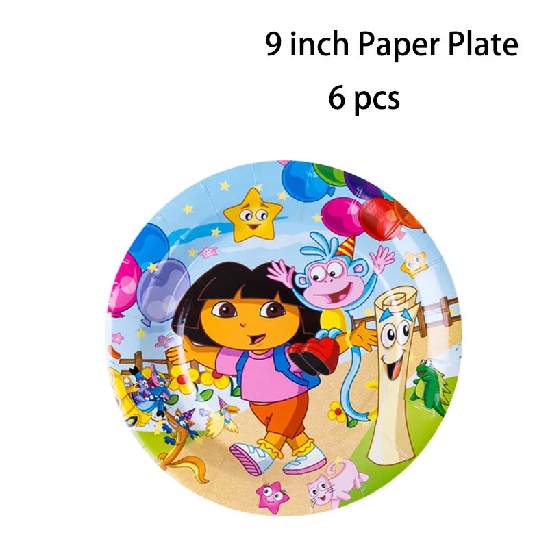9 inch plate 6 Pcs Дора проводник тема Дети День рождения принадлежности одноразовые посуда бумажные чашки тарелки салфетки скатерть детский душ Декор - Цвет: 9 inch plate 6 Pcs
