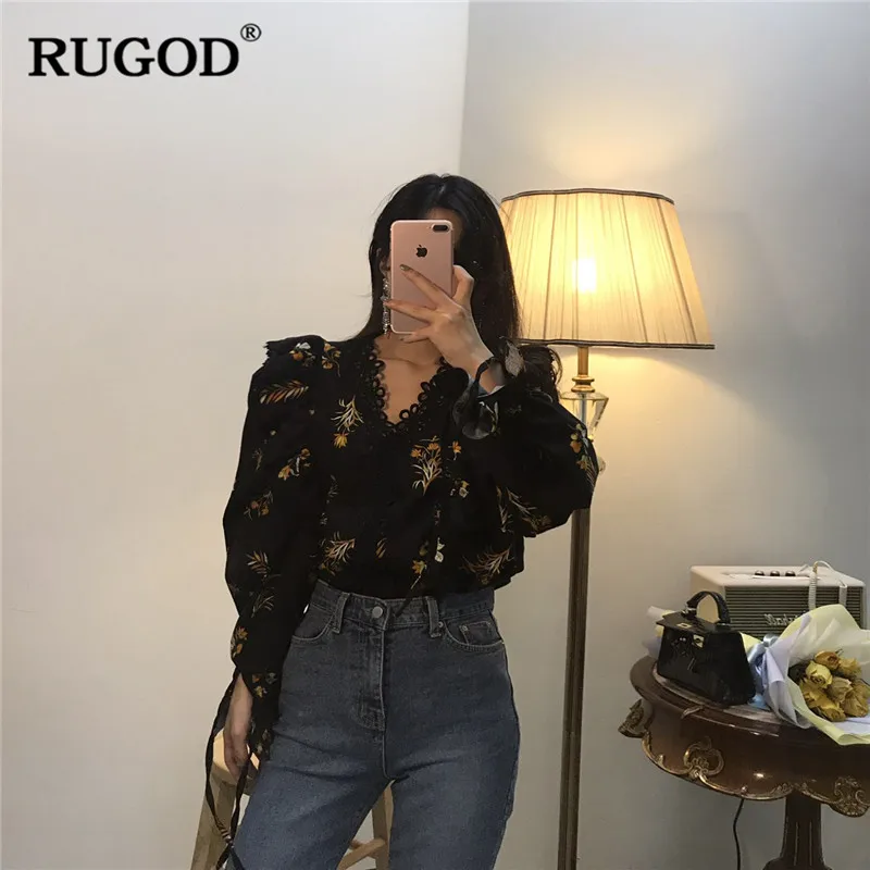 RUGOD/женские рубашки модные оборки v образный вырез открытая блузка с