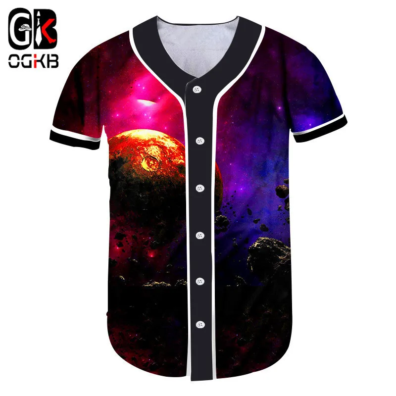 OGKB для женщин пуговицы Футболка Прохладный 3D принт пространство планета Бейсбол
