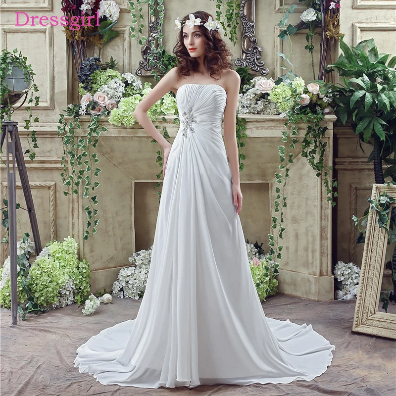 

Boho Vestido De Noiva Beach Wedding Dresses A-line Strapless Chiffon Lace Beaded Cheap Wedding Gown Bridal Dresses