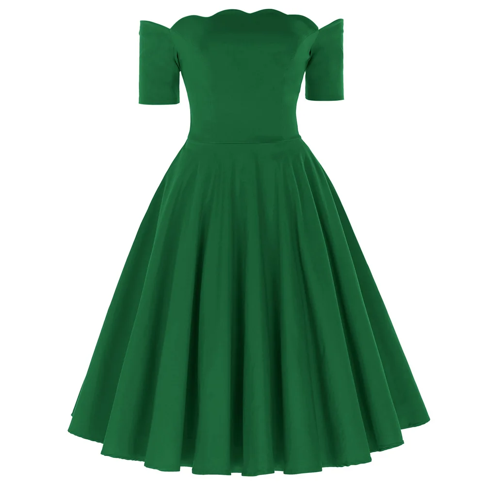 Dark Green Вечернее платье в стиле ретро, винтажное, одноцветное, с коротким рукавом, с открытыми плечами, офисное, деловое, вечернее, летнее, женское, расклешенное, ТРАПЕЦИЕВИДНОЕ платье для женщин - Цвет: Dark Green