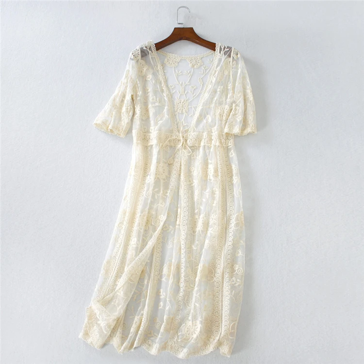 Beige Туфли в стиле Mori Girl, кружевной кардиган с вышивкой, Женская сорочка в богемном стиле; сезон Лето Топы хиппи бохо в стиле «Harajuku Для женщин кружевная блузка, рубашка для девушек, рубашки для мальчиков - Цвет: Beige