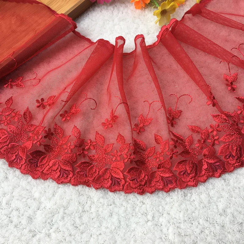 17.5cm or 6.89inch wide -7yards/lot Deep Red Pink Embroidered Floral Tulle Lace Trim Mesh Embroidery | Дом и сад