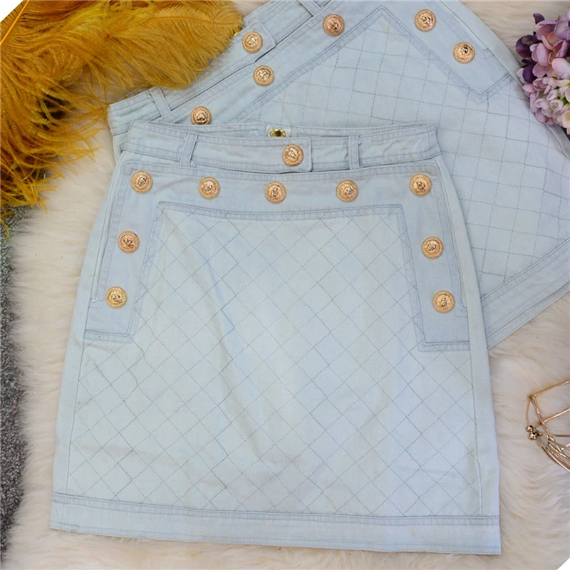 Женская джинсовая мини-юбка с металлическими пуговицами льва подиумная