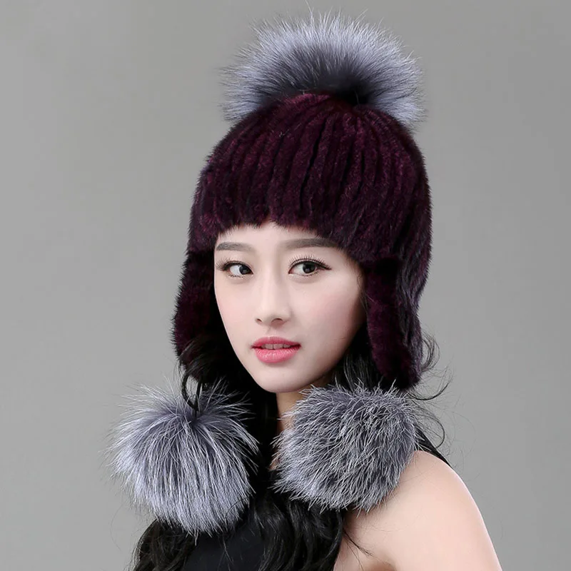 Женские зимние шапки Вязаная Шапка бини с шариком из лисьего меха женский