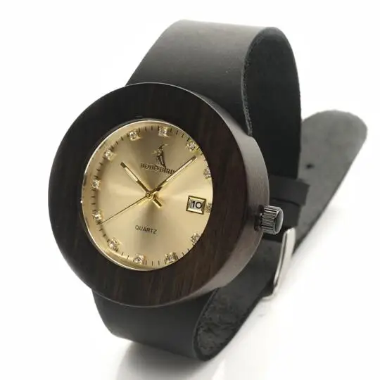 BOBO BIRD WC02C03, черные деревянные часы, мягкий кожаный ремешок, металлическая шкала, аналоговый календарь, качество Miyota, механизм в подарочной коробке - Цвет: Gold