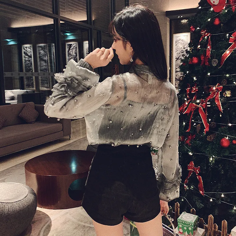 Коробова Для женщин Топы корейской моды шифоновая блуза с бусинами Кружевная