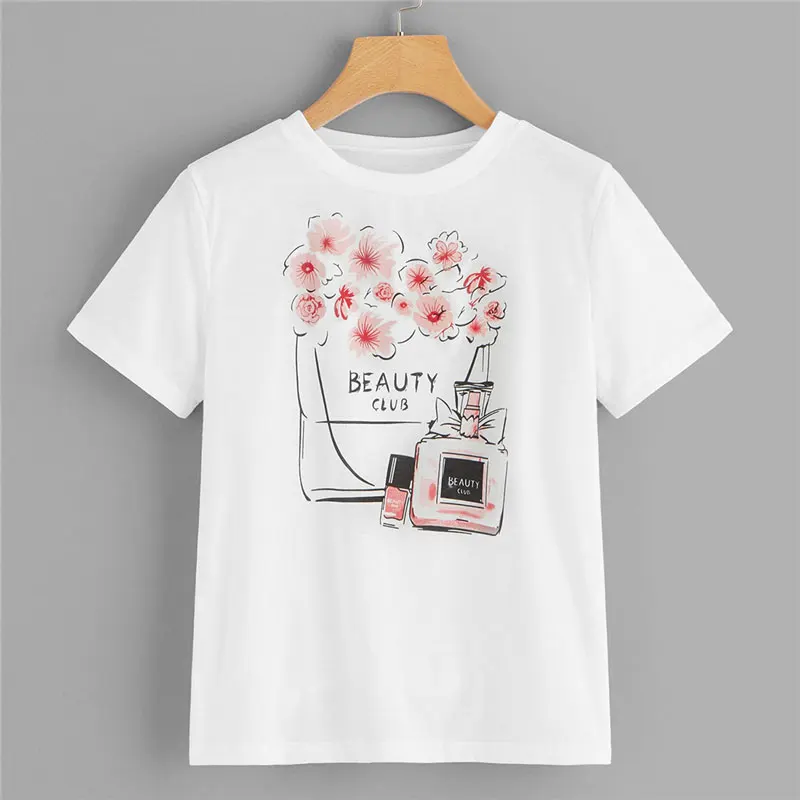 Dotfashion, парфюм и цветочный принт, футболка с коротким рукавом, лето, повседневные, Графические футболки для женщин, милые, молодежные, круглый вырез, футболки