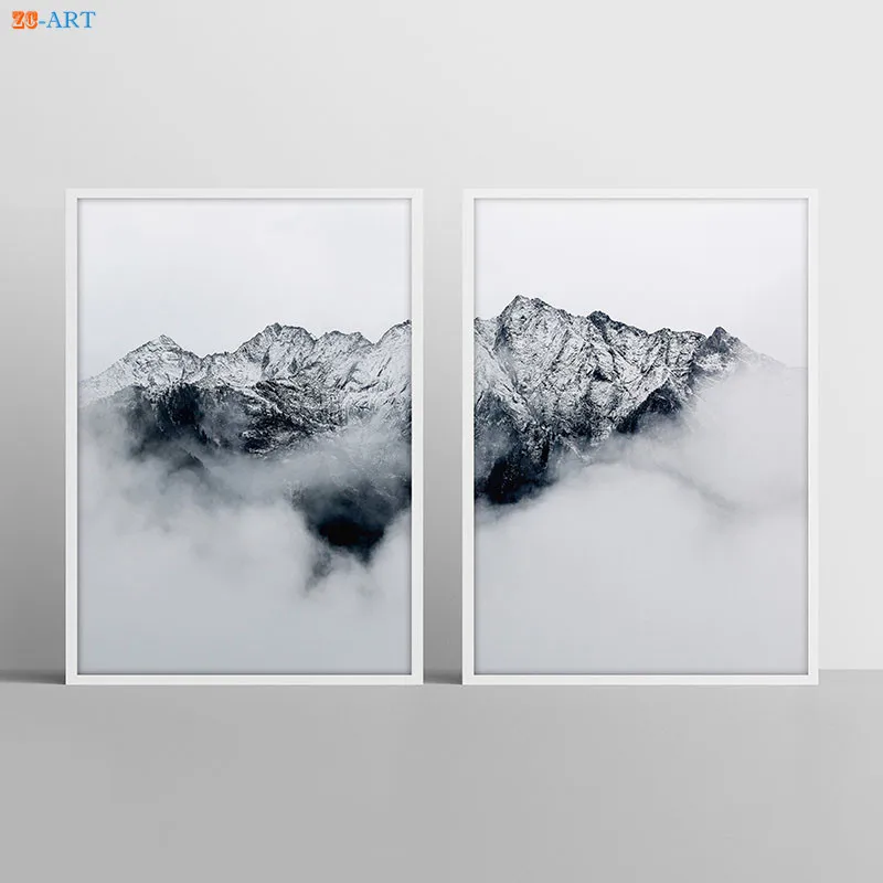 Горный принт Черный и белый Wall Art Природный Пейзаж Плакат пейзаж живопись холст