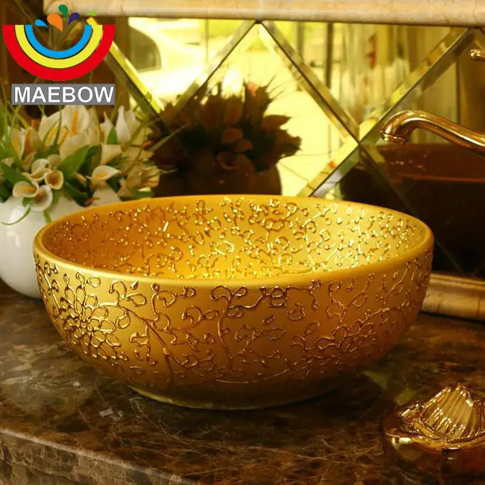 Фарфор с золотистой отделкой раковина для ванной комнаты ручной росписью|sink