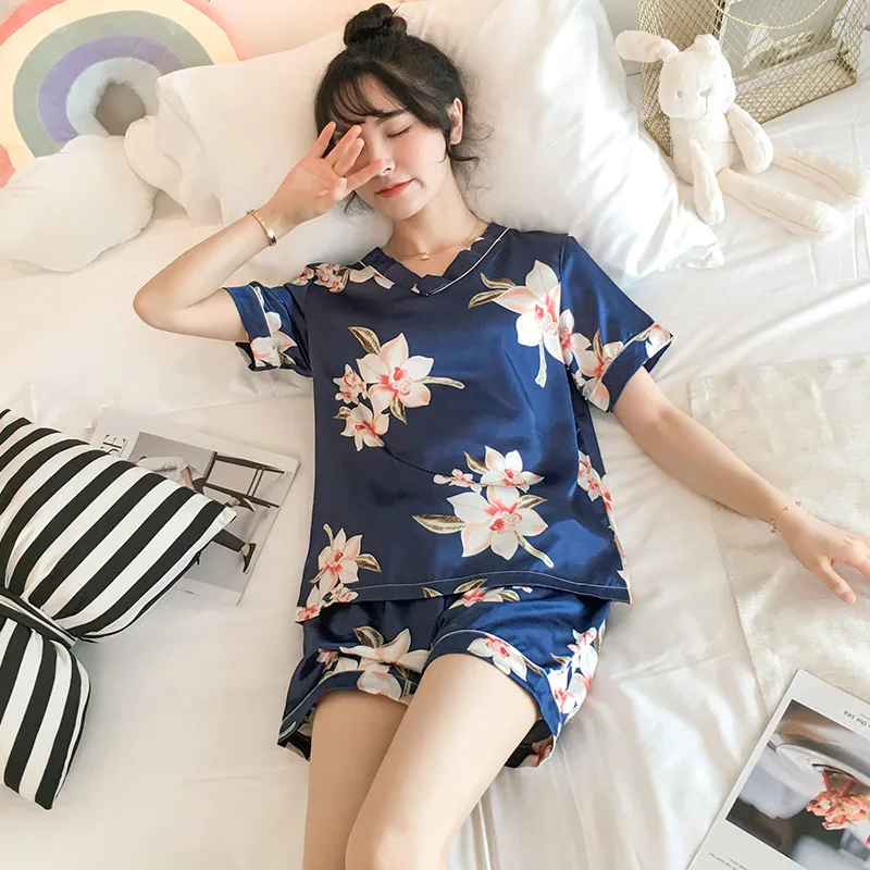 K Pajama girls summer ice silk short sleeves two pieces of suit Korean fresh sweet lovely students thin silk home clothes - Цвет: K